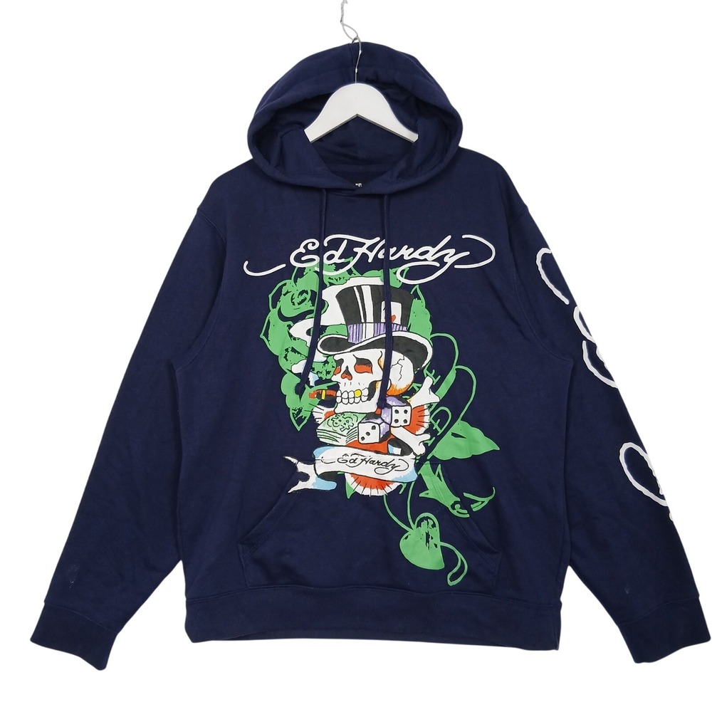 Ed Hardy Mens Navy Blue Skull Top Hat Graphic Hoodie Sweatshirt EHM1300-71 M